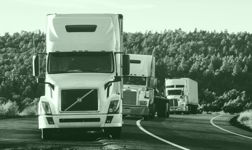 A line of large semi trucks on the shoulder of a road